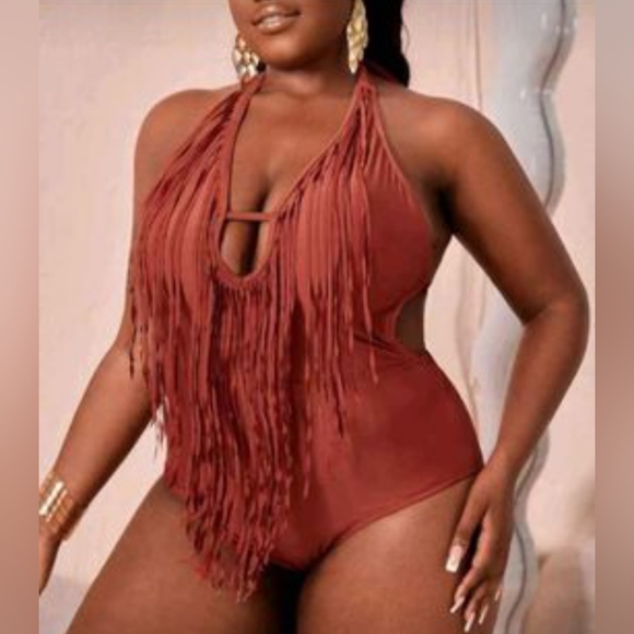 SHEIN 2XL brown fringe trim cut out tie back halter one piece swimsuit - Picture 7 of 11
